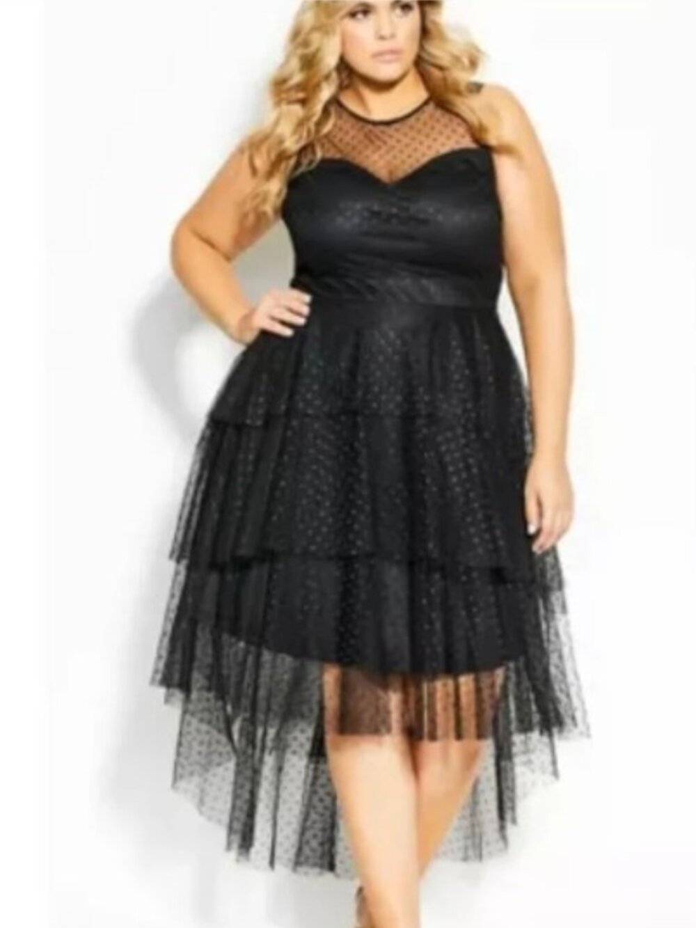 City Chic Brand Women's size 18 Bardot Dress Black Polka Dota Maxi Mesh High Low - Picture 1 of 6